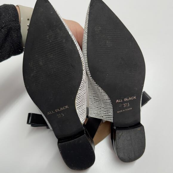 All Black Flats Womens 37.5 6.5 Black White Slingback Bow Tie Pointed Toe - Picture 3 of 7